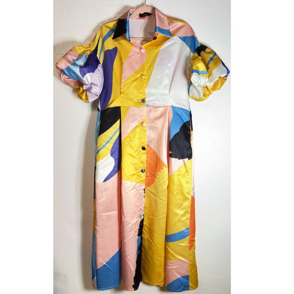 N By Nancy Collection Button Down Maxi Dress Vibrant Multi-Colored Print Medium